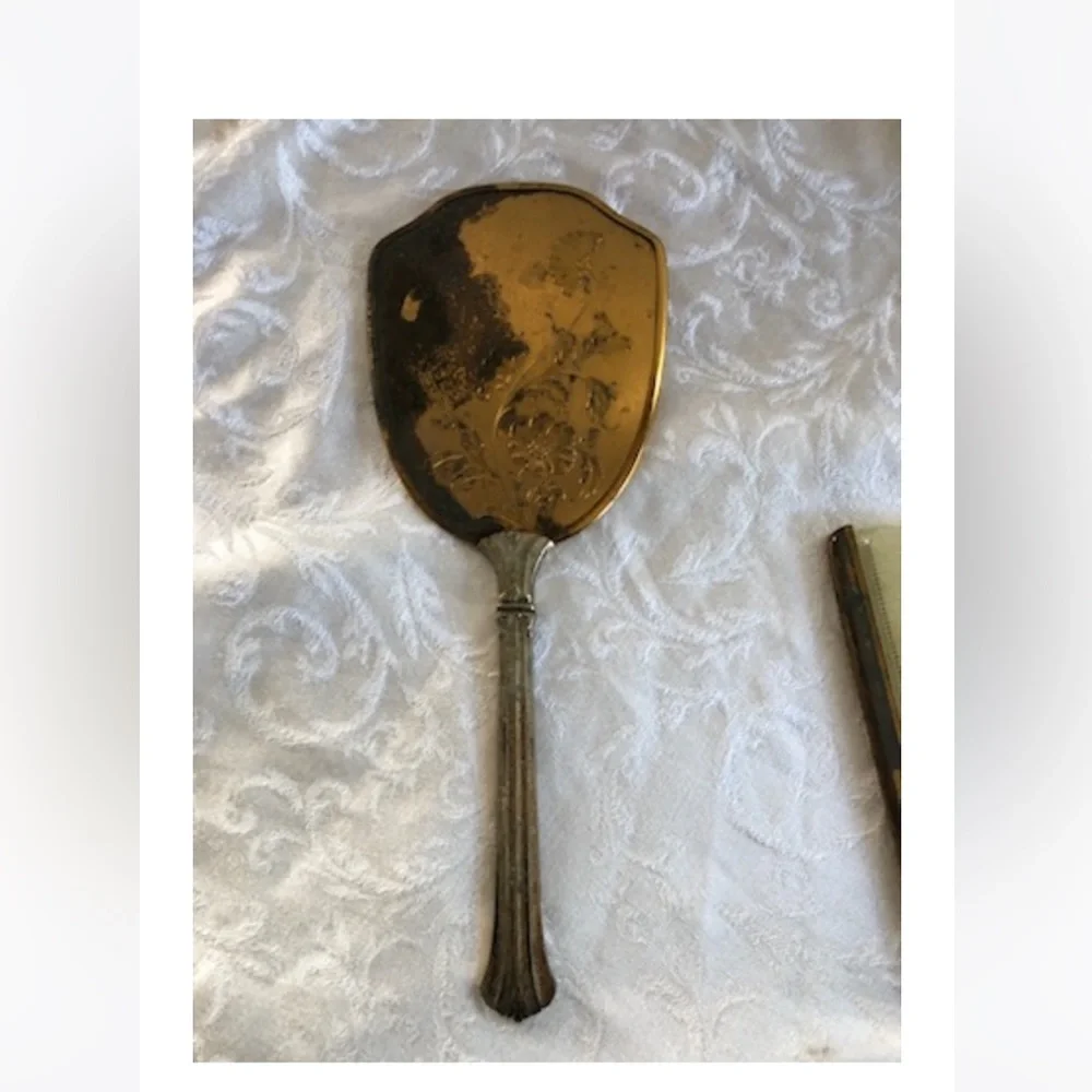 Vintage Handheld Tarnished Mirror GemLite Gold Toned Comb Art Deco Cosplay